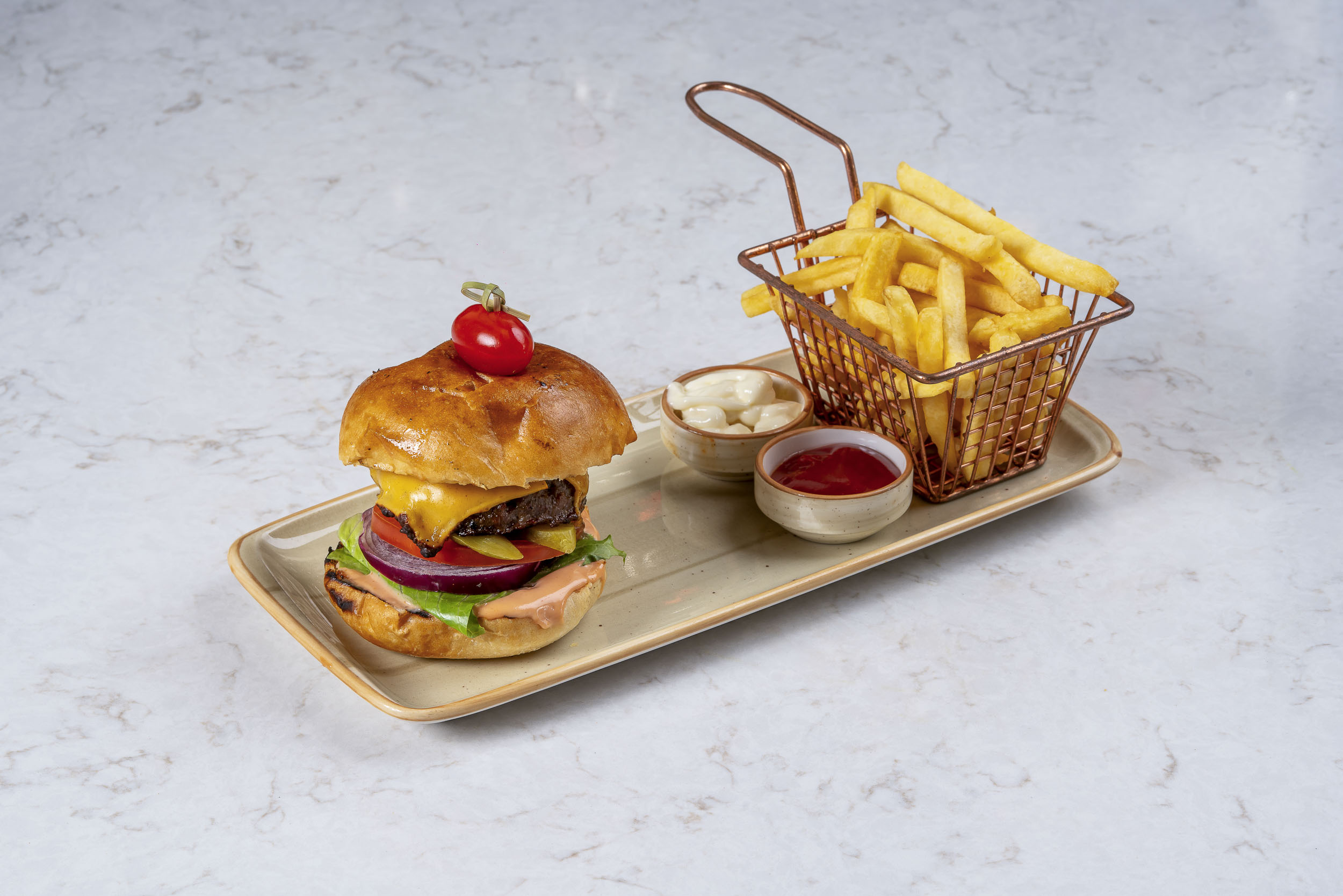 cheese burger with french fries